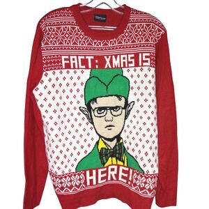 The Office LARGE Dwight Schrute Ugly Christmas Sweater Red Fact Xmas Is Here